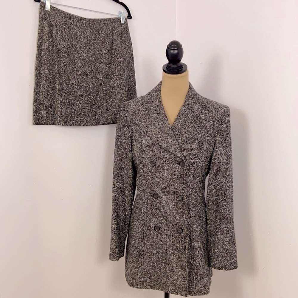 N.I.C. New York Vintage Brown Double Breasted Tweed Mini Skirt Suit Size 9/10